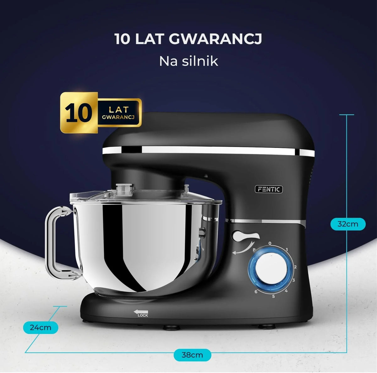 Robot kuchenny - 2000 W - miska do mieszania ze stali nierdzewnej (6,2 l) - mikser kuchenny z mieszania, hakiem do zagniatania, trzepaczką i ochroną przed pryskaniem - w zestawie