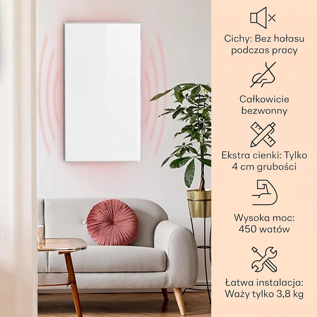 Klarstein Wonderwall - grzejnik ścienny, ogrzewanie na podczerwień, timer tygodniowy, funkcja automatycznego wyłączania, odpowiedni dla alergików, IP24, 50 x 90 cm, biały
