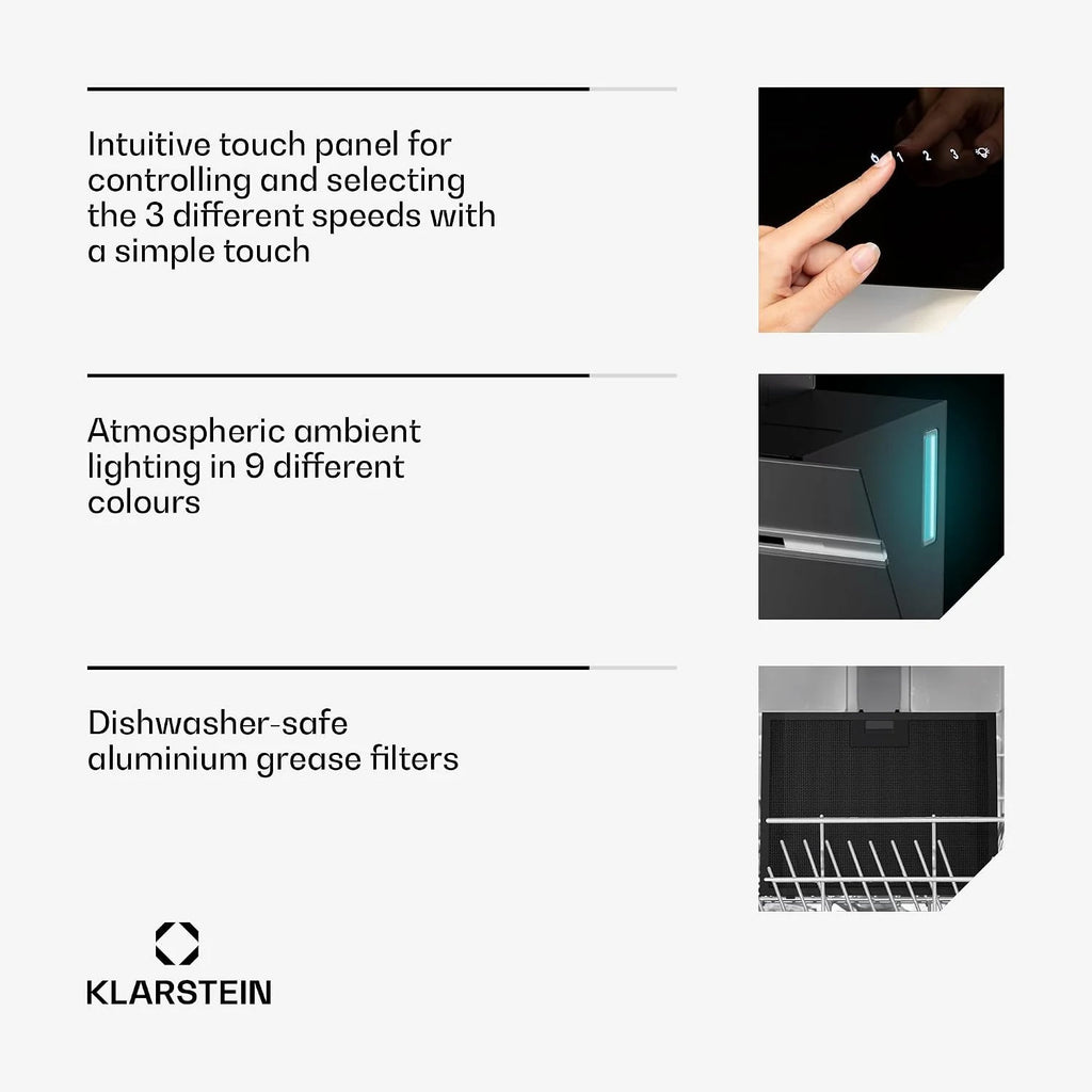 KLARSTEIN Alina Okap kuchenny 70 cm, okap ścienny, 540 m³/h, klasa A, okap LED, 3 poziomy, ekran dotykowy, 63 dB czarny, recyrkulacja i wydech