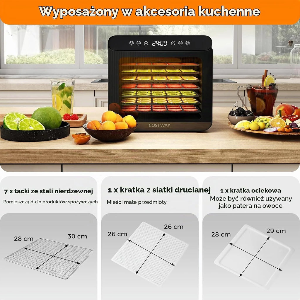 COSTWAY Suszarka do żywności 600W z 7 tacami ze stali nierdzewnej, z timerem 24h i temperaturą 30-75℃, suszarka do mięsa, warzyw i owoców, 34 x 40,5 x 32cm