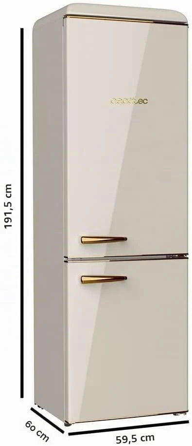 Cecotec Lodówka Combi 2 Drzwi Retro 300 L Bolero CoolMarket Combi Origin 300 Beżowy E. Wysokość 191,5 cm i 60 szerokości, regulacja temperatury, chromowany uchwyt i szklane tace, beżowy