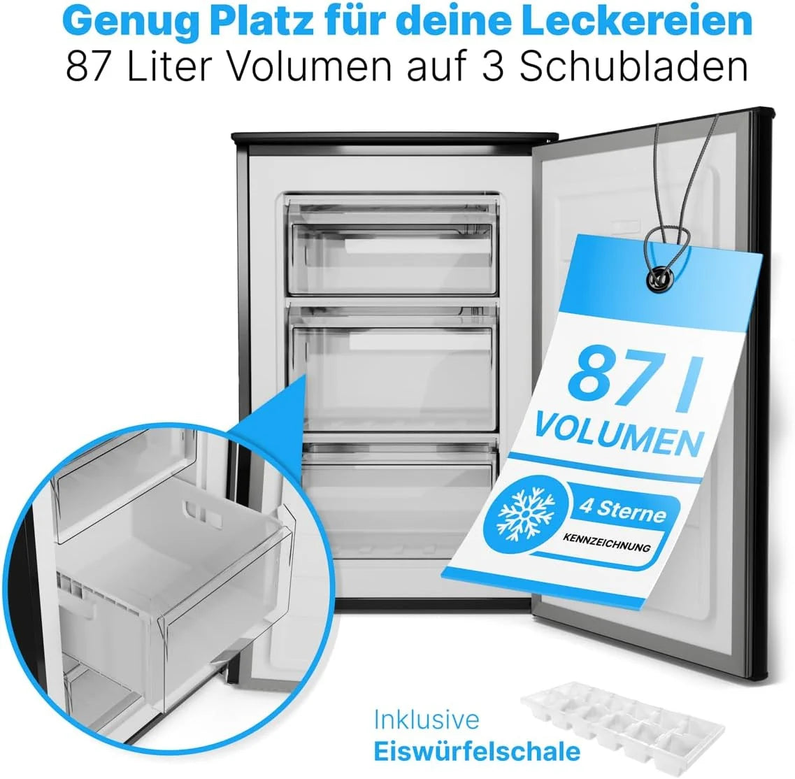 Zamrażarka Bomann®, 87 l, Energooszczędna, cicha i kompaktowa, ≤ -18 °C, płynna regulacja, 3 szuflady i tacka na kostki lodu, 4-gwiazdkowa zamrażarka, odwracalne zawiasy drzwi, GS 7253 czarny