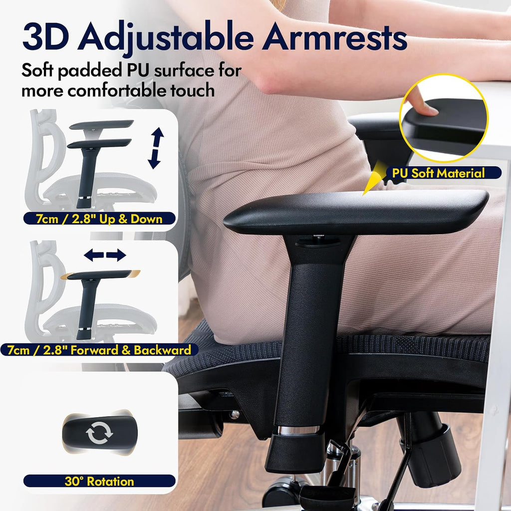 Ergonomiczne krzesło biurowe, ALL-Mesh wysokie oparcie, domowe krzesło biurowe, podparcie lędźwiowe, fotel gamingowy, regulowane podłokietniki i zagłówek 3D, duże i wysokie obrotowe krzesło