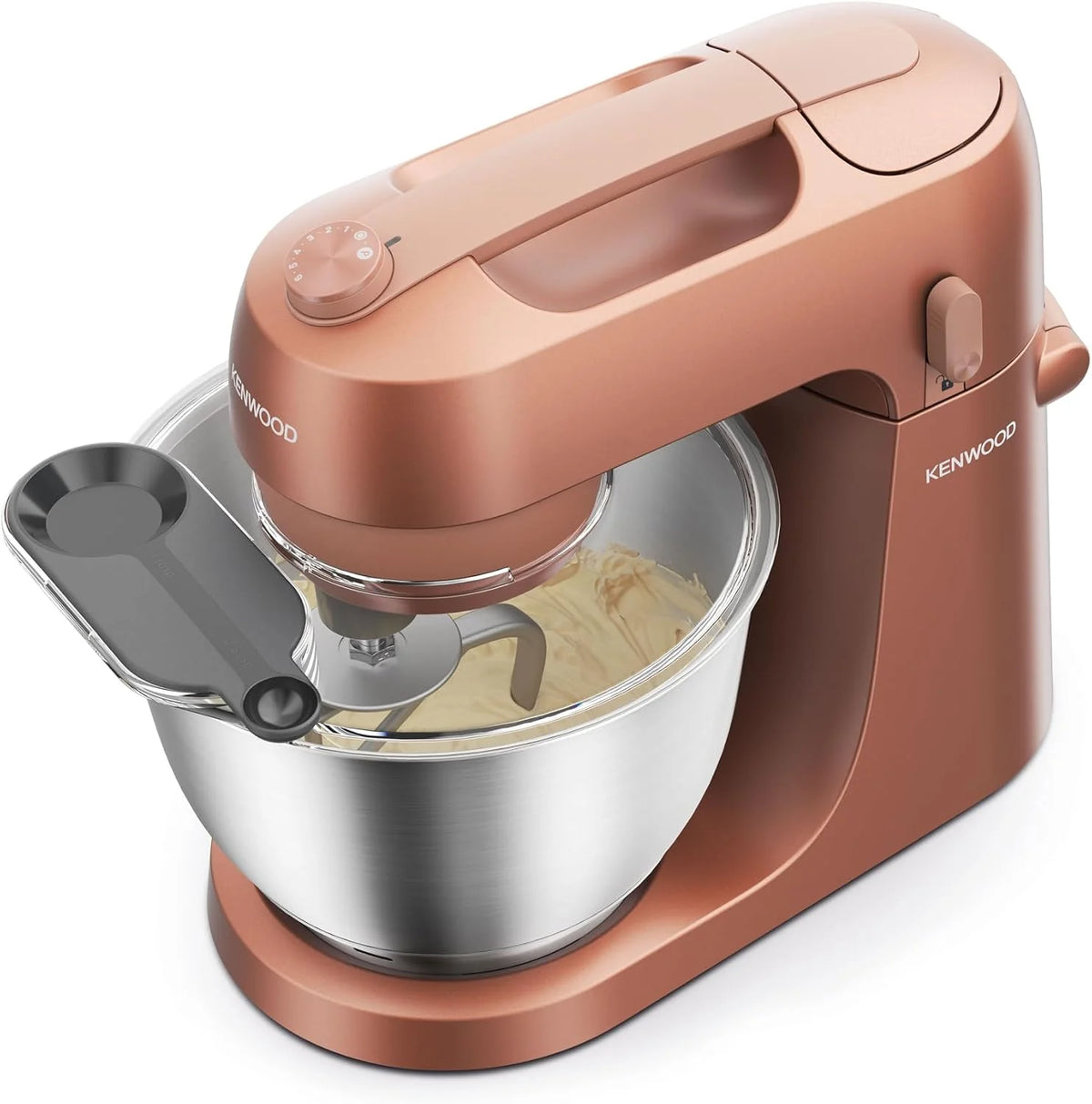 Kenwood Go robot kuchenny KZM35.000RD, zajmuje mało miejsca, w zestawie miska 4-litrowa, hak K, trzepaczka balonowa, hak do zagniatania, ochrona przed pryskaniem i miarką, metalowa obudowa z uchwytem