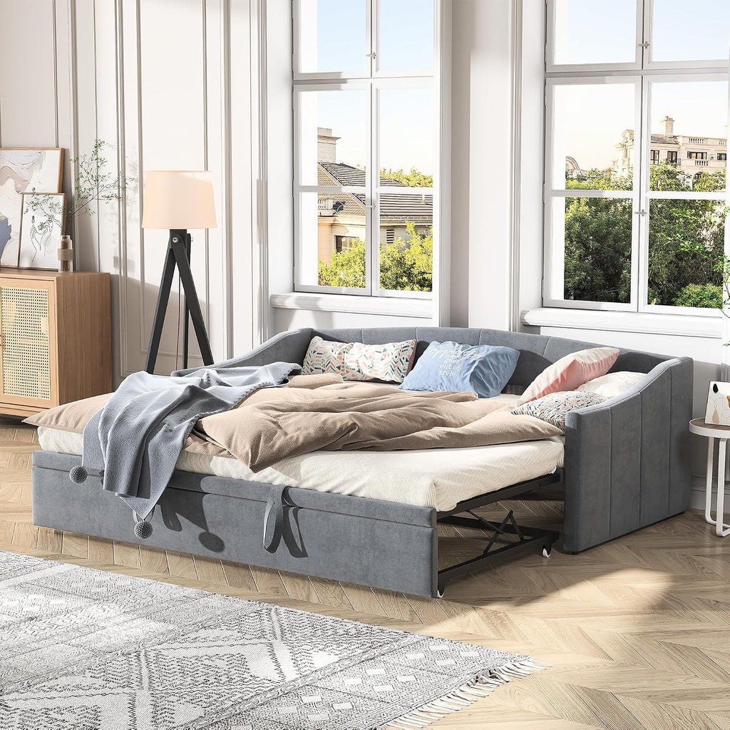 Rozkładane łóżko dzienne 90/180 x 200 cm, tapicerowane łóżko z rozkładanym łóżkiem i stelażem, rozkładane do łóżka podwójnego, aksamitne, szare, bez materaca