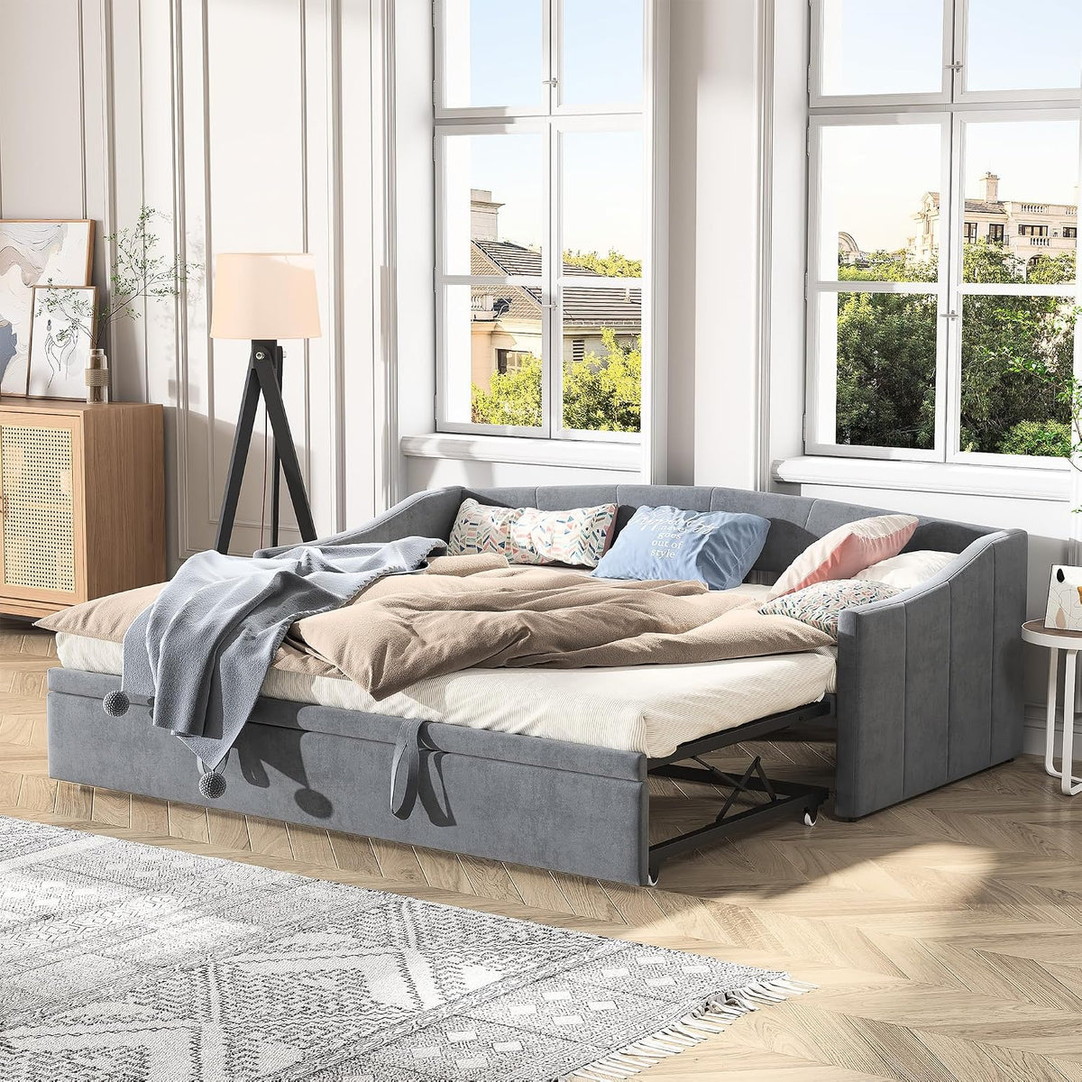 Rozkładane łóżko dzienne 90/180 x 200 cm, tapicerowane łóżko z rozkładanym łóżkiem i stelażem, rozkładane do łóżka podwójnego, aksamitne, szare, bez materaca