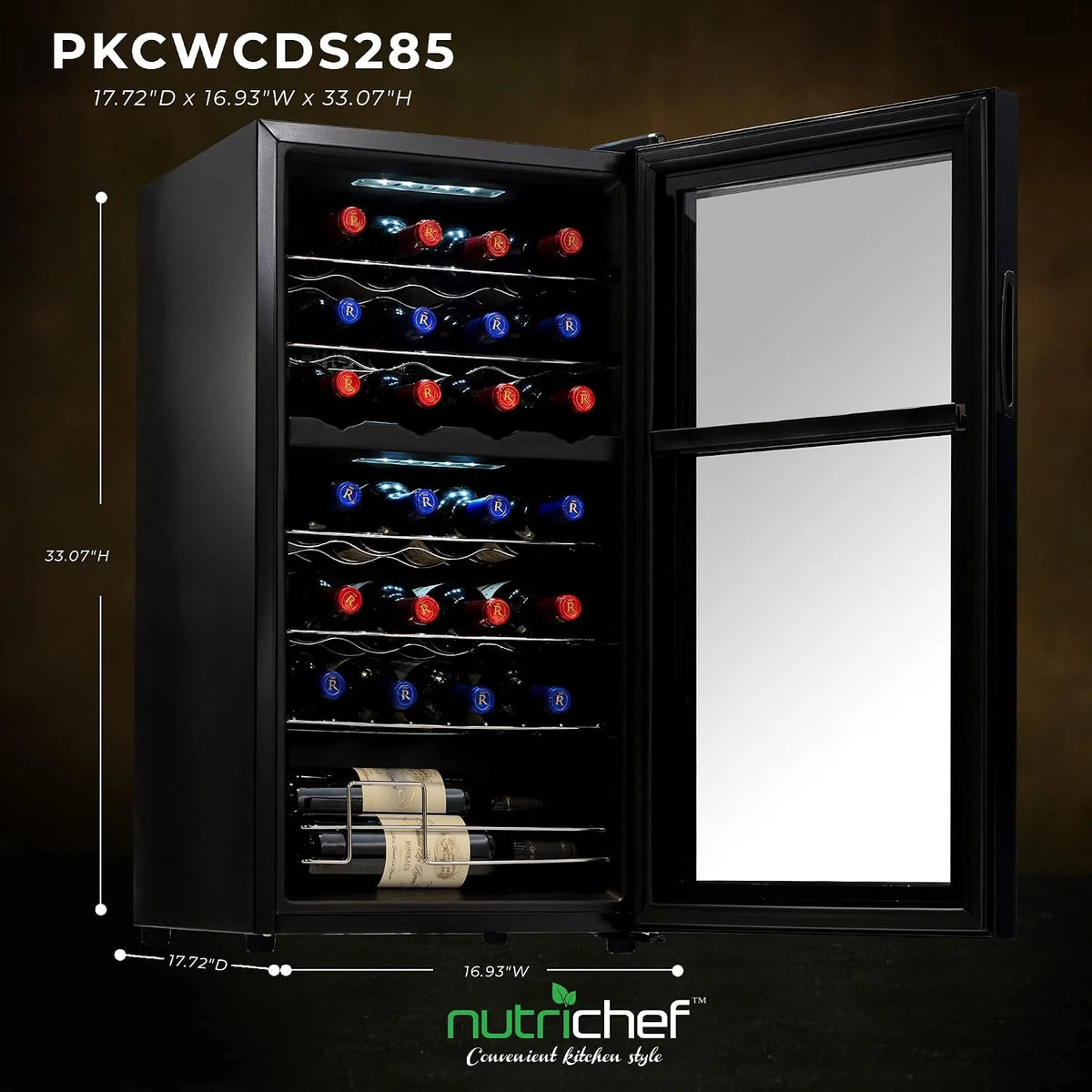 NutriChef Komórka do lodówki do wina - Dwustrefowy Chiller z 28 pojemnikami na butelki | Pojemność wewnętrzna 74,4 litra | Cyfrowa kontrola przycisku dotykowego | Bezpłatne umieszczanie butelki na