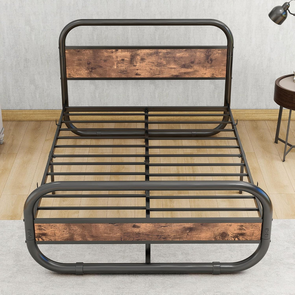 HOMERECOMMEND Metalowa Rama Łóżka 120 x 200 cm z Zagłówkiem, Metalowa i Drewniana Rama z Lamelami, Owalna Platforma z Miejscem do Przechowywania pod Łóżkiem, Brązowa