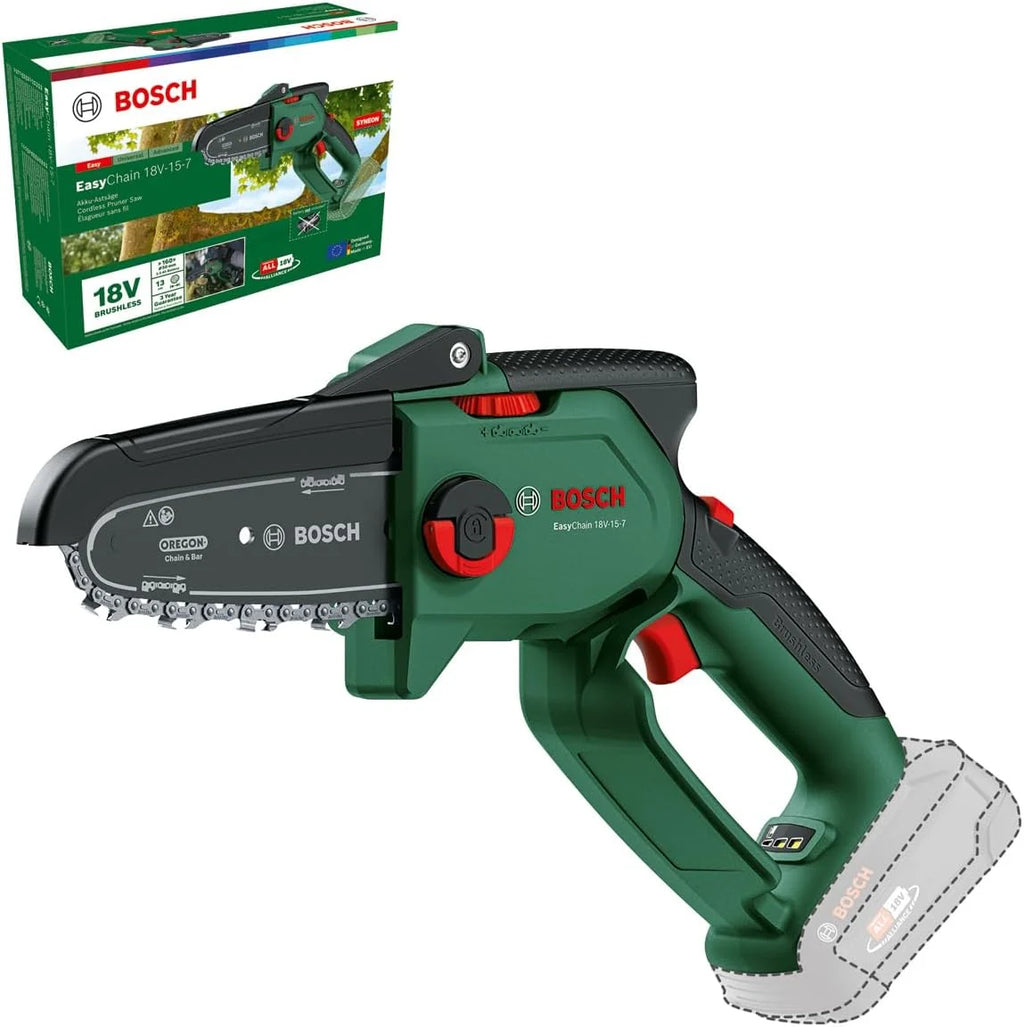 Bosch Mini piła łańcuchowa EasyChain 18V-15-7, do cięcia drewna, system 18V, prędkość łańcucha: 6,95 m/s, bez akumulatora