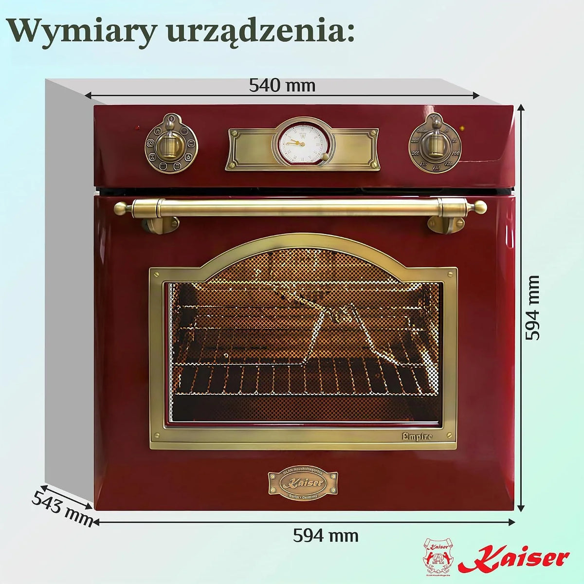 Kaiser Empire EH 6355 czerwony ekskluzywny nostalgiczny piekarnik 60 cm samowystarczalny • samoczyszczący piekarnik elektryczny 67 l • piekarnik do zabudowy z obrotowym rożnem, gorące powietrze, grill