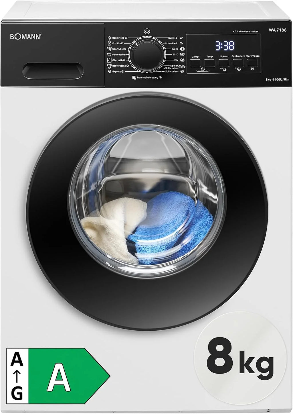 Bomann® WA 7188 pralka 8 kg | 5 lat silnika | wydajna, cicha i trwała | maks. 1400 obr./min | 15 programów | funkcja pary | wyświetlacz LED | Washing Machine | WA 7188 biało-czarna