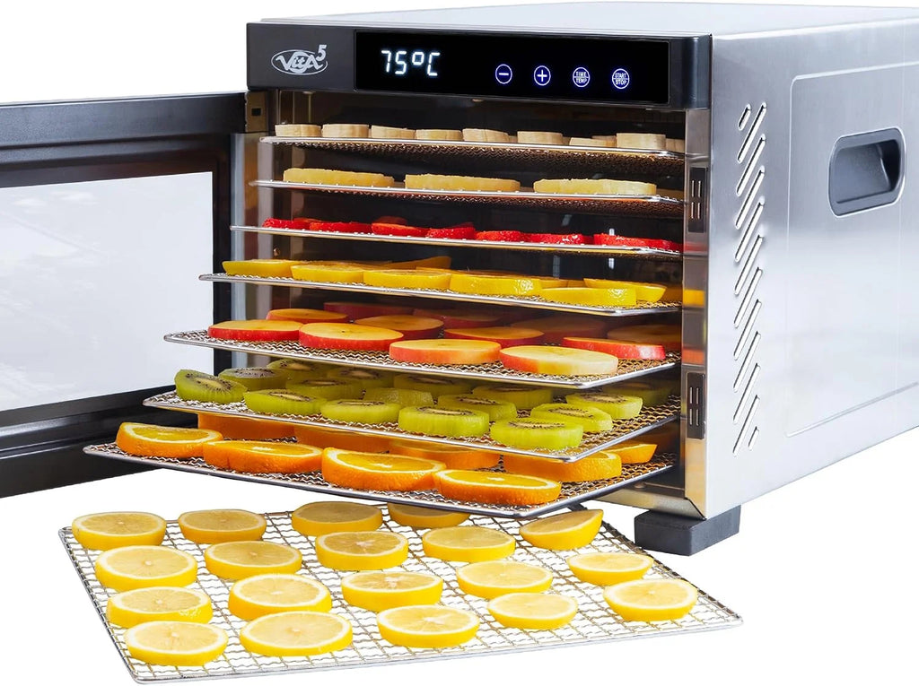 Vita5 Suszarka do Zywności z 7 Tackami ze Stali Nierdzewnej - Elektryczna suszarka do owoców. warzyw i mięsa o mocy 650 W - Timer 24-Godzinny i Regulowana Temperatura 35–75°C