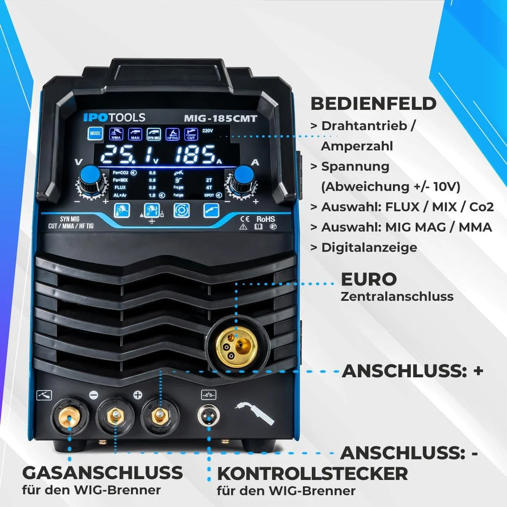 IPOTOOLS Spawarka kombinowana MIG-185CMT 7 w 1 WIG MIG MAG spawarka z przecinarką plazmową 45 A Synergic Inverter spawarka z 185 A z Flux, MMA | 230 V | 7 lat