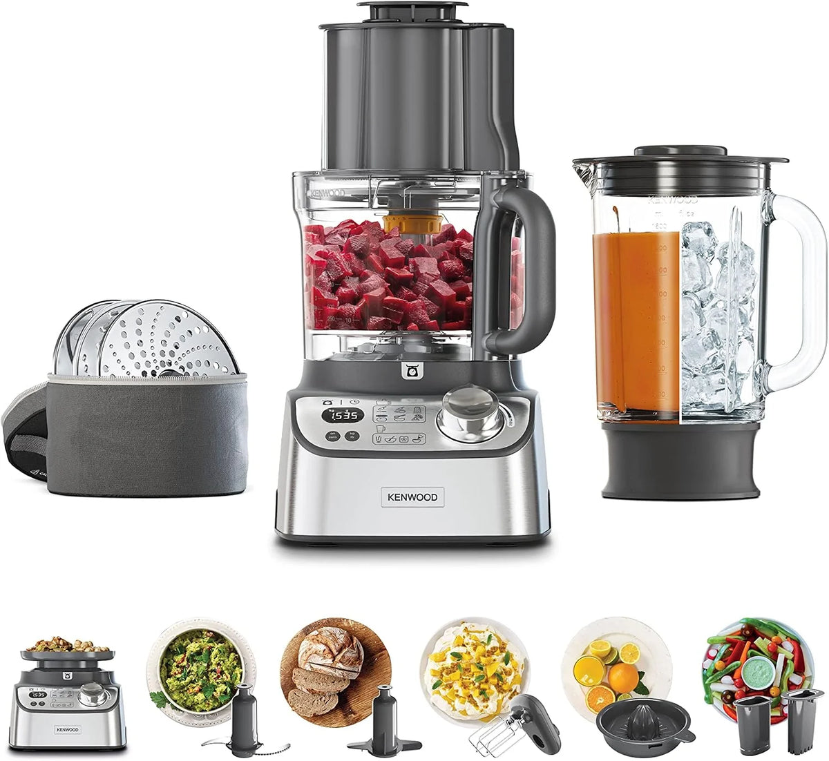 Kenwood Küchengeräte MultiPro XL Weigh+ FDM72.990SS kompaktowy robot kuchenny ze zintegrowaną wagą i timerem, ExpressDice, pojemnik roboczy 3 l, zmienna prędkość, otwór wlewu XL, 1000 W, srebrny