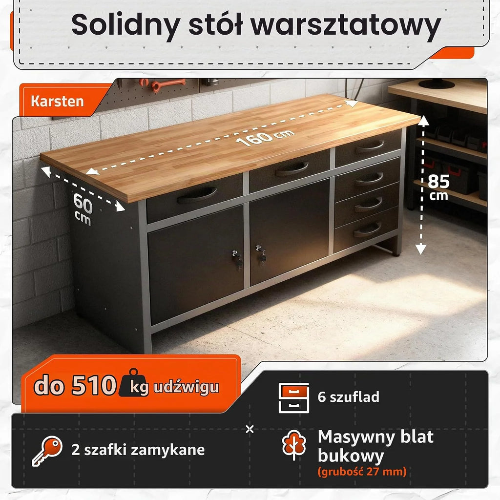 Ondis24 Stół warsztatowy Karsten stół warsztatowy, stół do pakowania, 6 szuflad, wyposażenie warsztatowe, 160 x 60 x 85 (wys.) cm, blat roboczy z drewna bukowego, obciążenie do 510 kg
