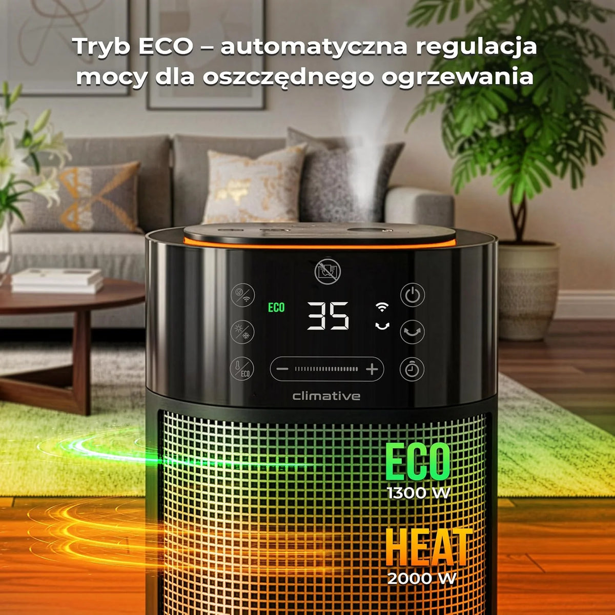2w1 termowentylator z nawilżaczem 2000W Mistiq WiFi, oscylacja 80°, tryb ECO, timer 24h, energooszczędna elektryczna nagrzewnica PTC do pomieszczeń