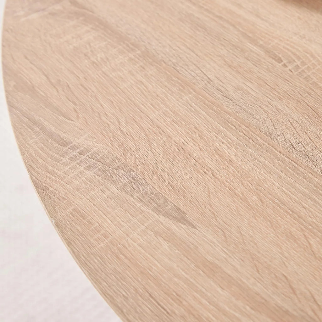 Okrągły stół do jadalni 120 cm dla 4-6 osób; rustykalny stół kuchenny z cylindryczną podstawą, płytą MDF i drewnianym cokołem żebrowym (tekstura jasnego drewna)