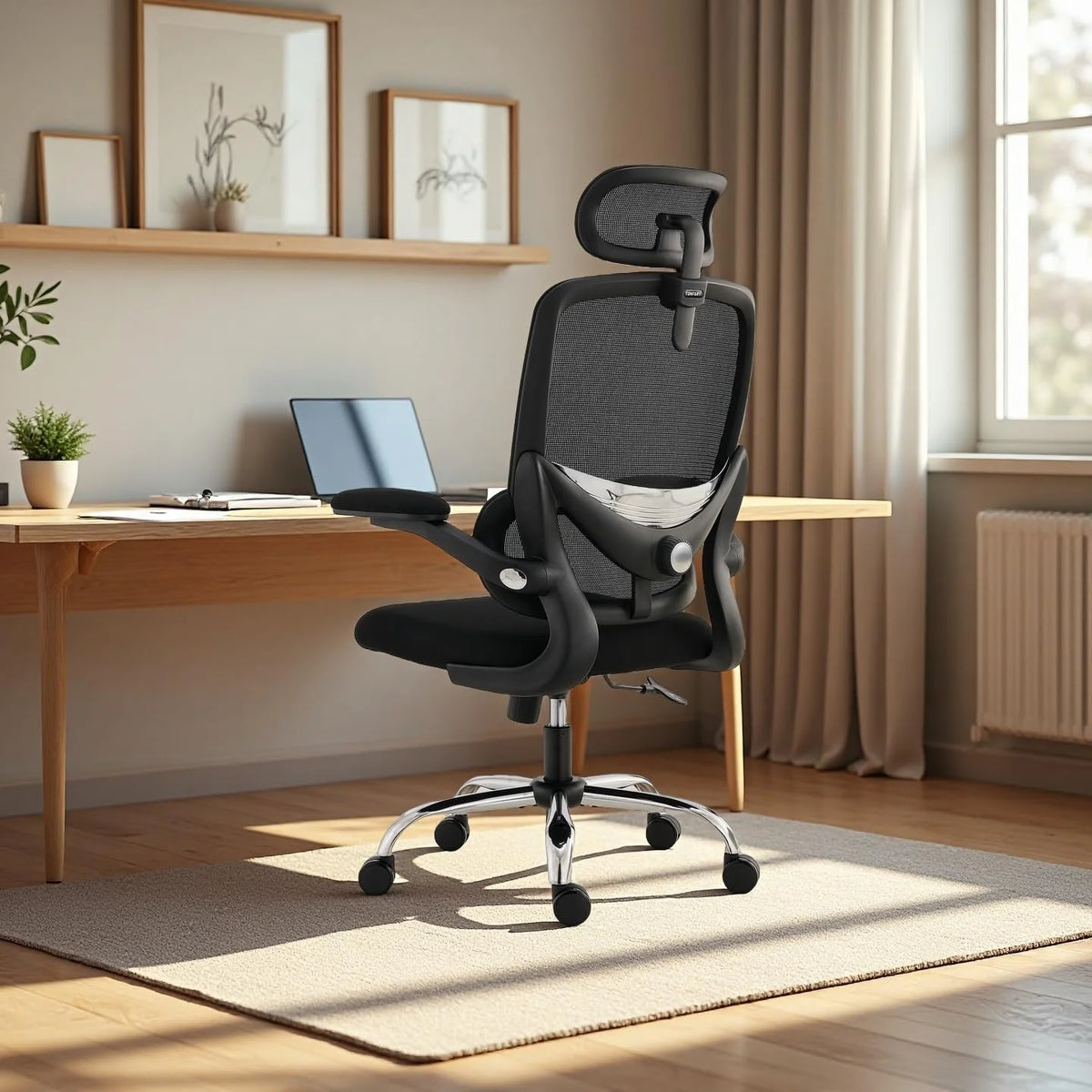 Ergonomiczny fotel do domowego biura z siatkowym wysokim oparciem, regulowanym wsparciem lędźwiowym, podłokietnikami, zagłówkiem,oszczędność miejsca krzesło gamingowe, 150 kg (Czarny)
