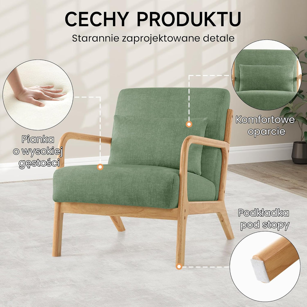 Nowoczesny fotel akcentujący z poduszką, fotel z podłokietnikami i ramą z drewna, tapicerowany fotel do czytania w stylu połowy wieku, do salonu i sypialni (kolor Zielony)