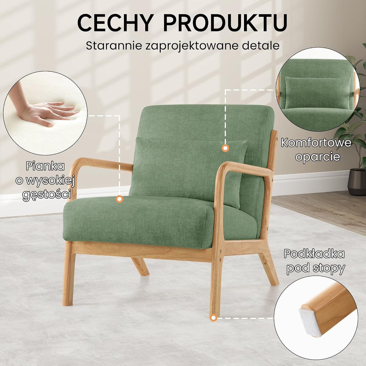Nowoczesny fotel akcentujący z poduszką, fotel z podłokietnikami i ramą z drewna, tapicerowany fotel do czytania w stylu połowy wieku, do salonu i sypialni (kolor Zielony)