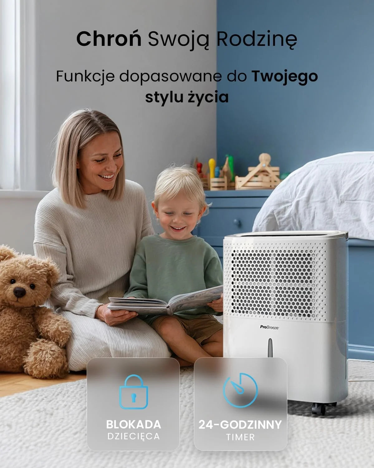 Pro Breeze Osuszacz Powietrza, Elektryczny Pochłaniacz Wilgoci Pleśni Kondensacji, Cichy Odwilżacz do Domu Łazienki Garażu Przyczepy Kempingowej, dla Dzieci Niemowląt, 24h Timer, Duży 1,8l Zbiornik