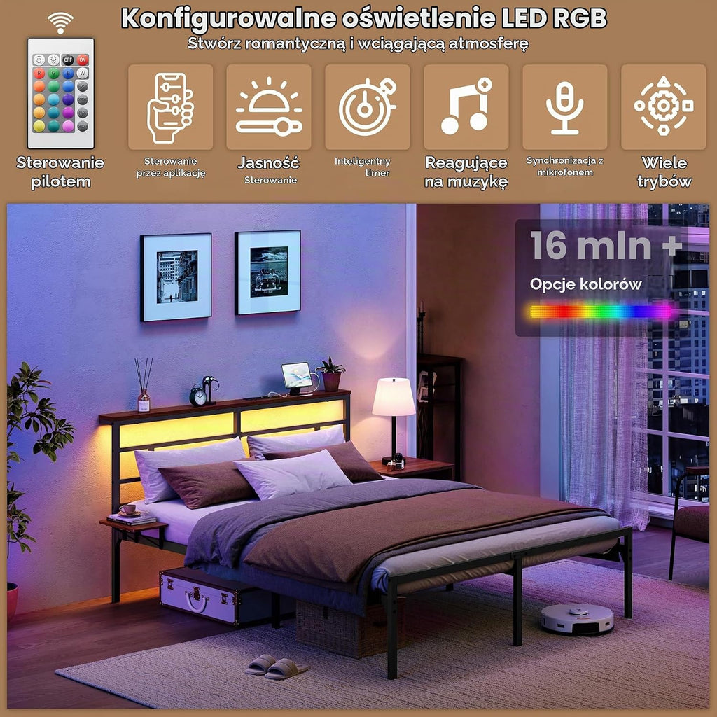 Yaheetech Rama łóżka 160 × 200 cm z metalowym stelażem, łóżko 2-osobowe z oświetleniem LED i stacją ładującą (2 AC, 2 USB), podwójne łóżko z półką do przechowywania, pojemność 400 kg