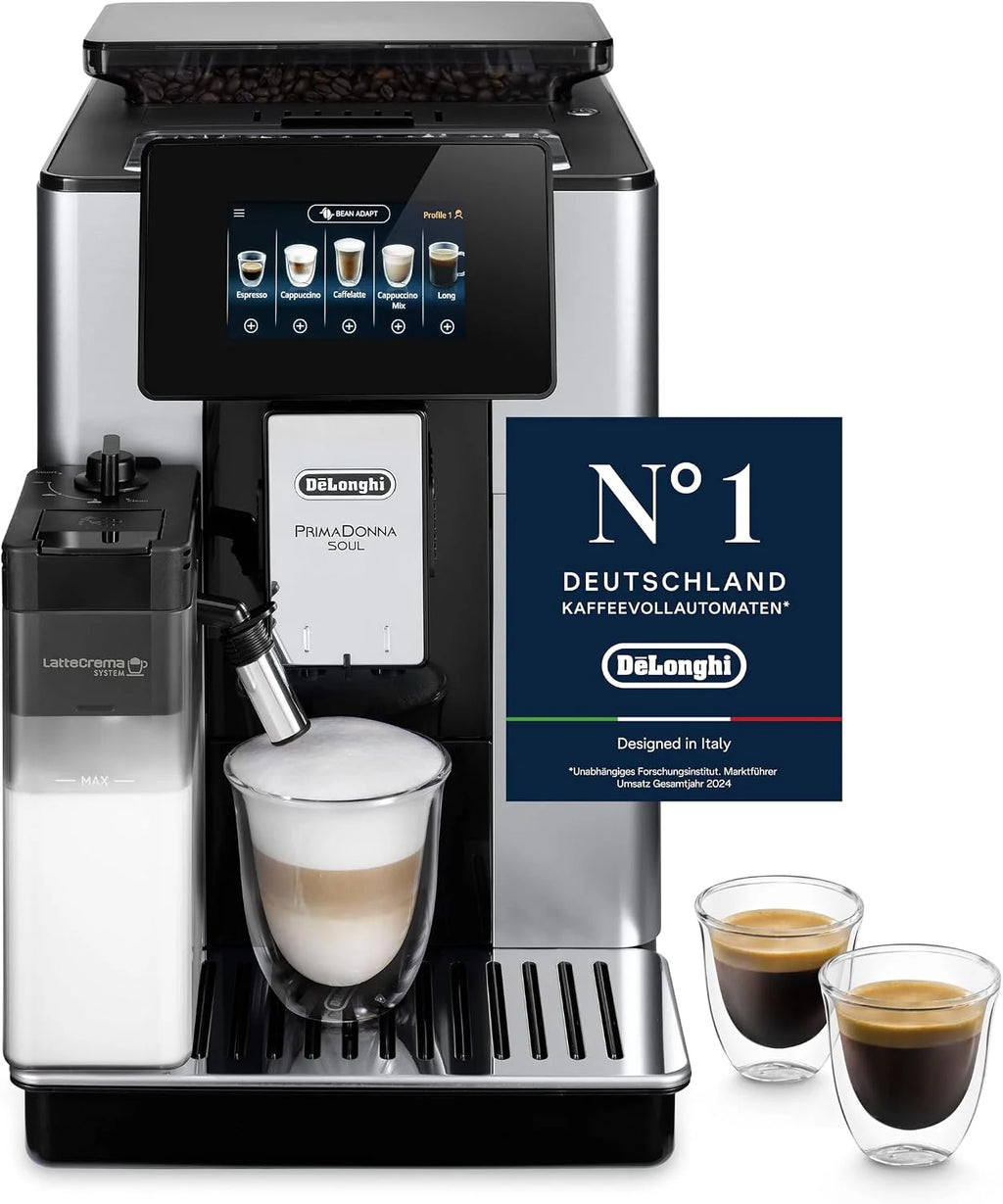 De'Longhi ECAM612.55.SB PrimaDonna Soul Automatyczny Ekspres do Kawy Ziarnistej, 1450 W, 2 Filiżanki, System LatteCrema, Technologia Bean Adapt, Stal i Plastik, Srebrny, Czarny