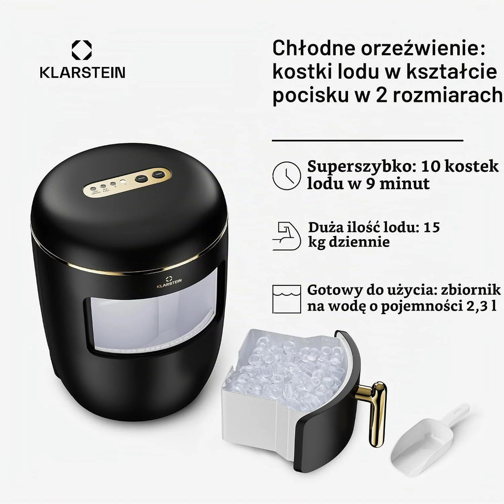 Klarstein Maszyna do lodów, domowa maszyna do kostek lodu, maszyna do lodu 2,3 l, szybka obsługa, Ice Maker 15 kg, małe i duże kostki lodu, samoczyszczące maszyny do kostek lodu