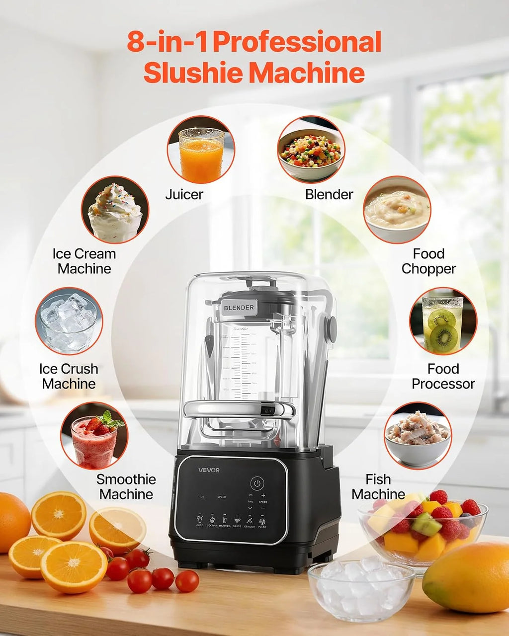 VEVOR Elektryczny blender stołowy do smoothie, 2 litry 2200 W prędkość 26000 obr./min, rozdrabniacz do soków owocowych, samooczyszczanie, 6 zaprogramowanych programów, czarny