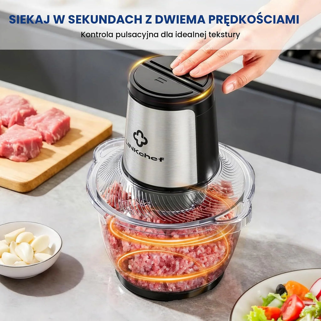 LINKChef Elektryczny Rozdrabniacz 1,5L Szklana Miska, 2 Prędkości, 3-poziomowe Ostrza ze Stali Nierdzewnej – Mini Robot Kuchenny do Mięsa, Warzyw, Orzechów i Żywności dla Niemowląt