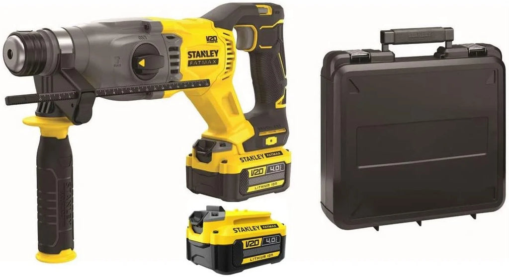 STANLEY FATMAX, Bezszczotkowa młotowiertarka udarowa SDS Plus 18V V20 z dwoma akumulatorami 4,0 Ah i kufer, SFMCH900M22-QW