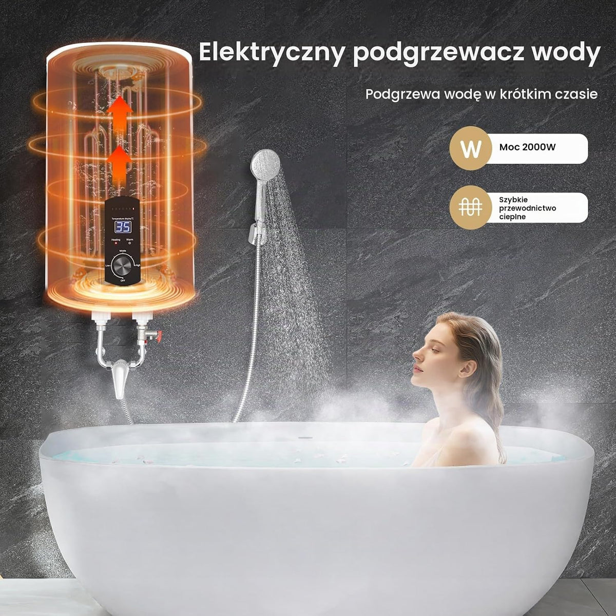Elektryczny zbiornik ciepłej wody 2 kW, wiszący elektryczny zbiornik ciepłej wody, bojler, podgrzewacz wody, bojler do prysznica (50 l)