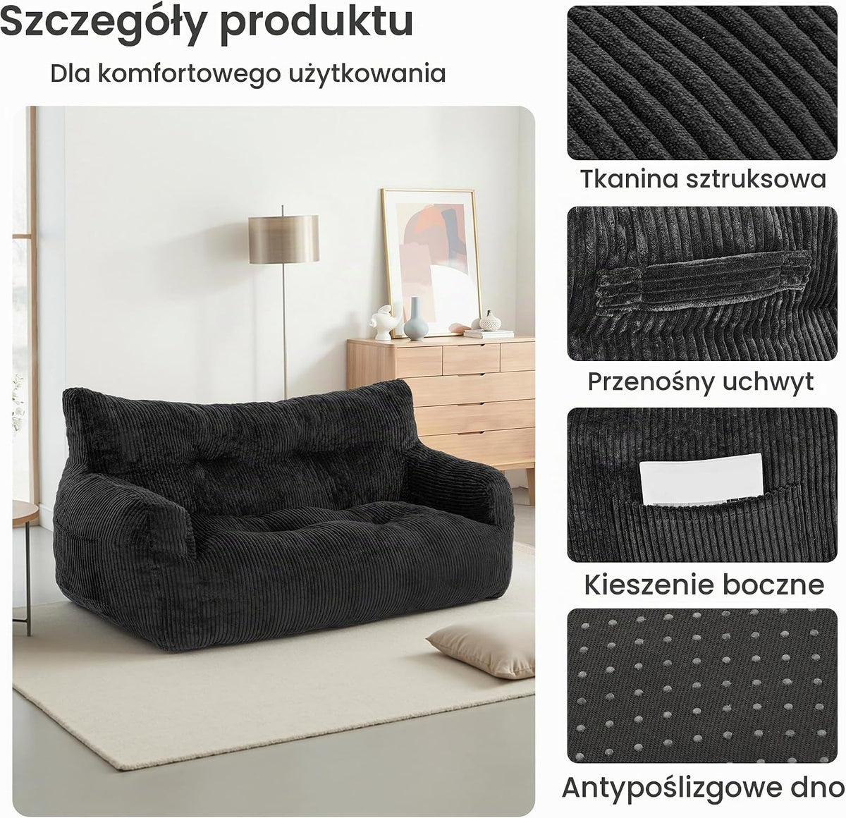 Pamapic Puf dla dorosłych z wypełnieniem, podwójny fotel wypoczynkowy z przenośnym uchwytem, ergonomiczny, nowoczesny, puf do użytku wewnątrz do salonu, sypialni, pokoju zabaw, czarny