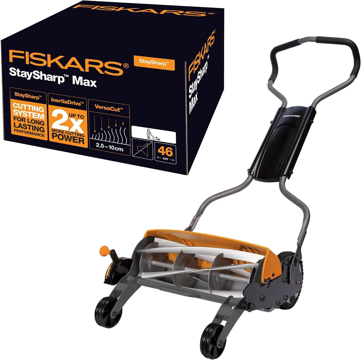 Fiskars Kosiarka bębnowa, kosiarka z bezdotykowym systemem tnącym, szerokość koszenia: 46 cm, StaySharp Max, czarny/pomarańczowy/srebrny, 1000591