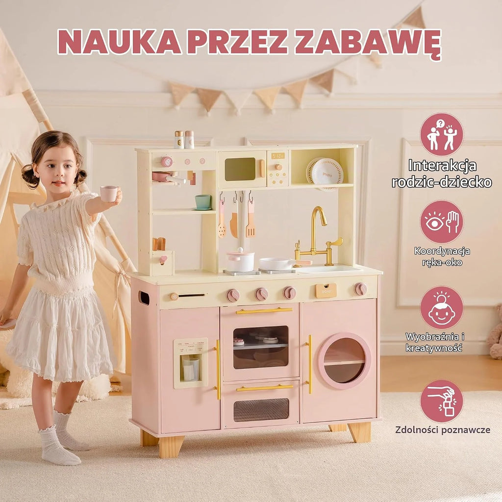 ROBUD Drewniana kuchnia do zabawy dla dzieci, zestaw do zabawy z maszyną do chleba, piekarnik z ciastami, zastawa stołowa, zmywarka, wbudowana kostkarka do lodu, zestaw do gotowania dla chłopców i