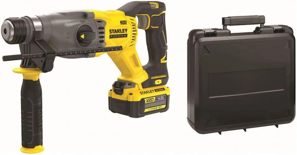 STANLEY FATMAX, Bezszczotkowa młotowiertarka udarowa SDS Plus 18V V20 z dwoma akumulatorami 4,0 Ah i kufer, SFMCH900M22-QW