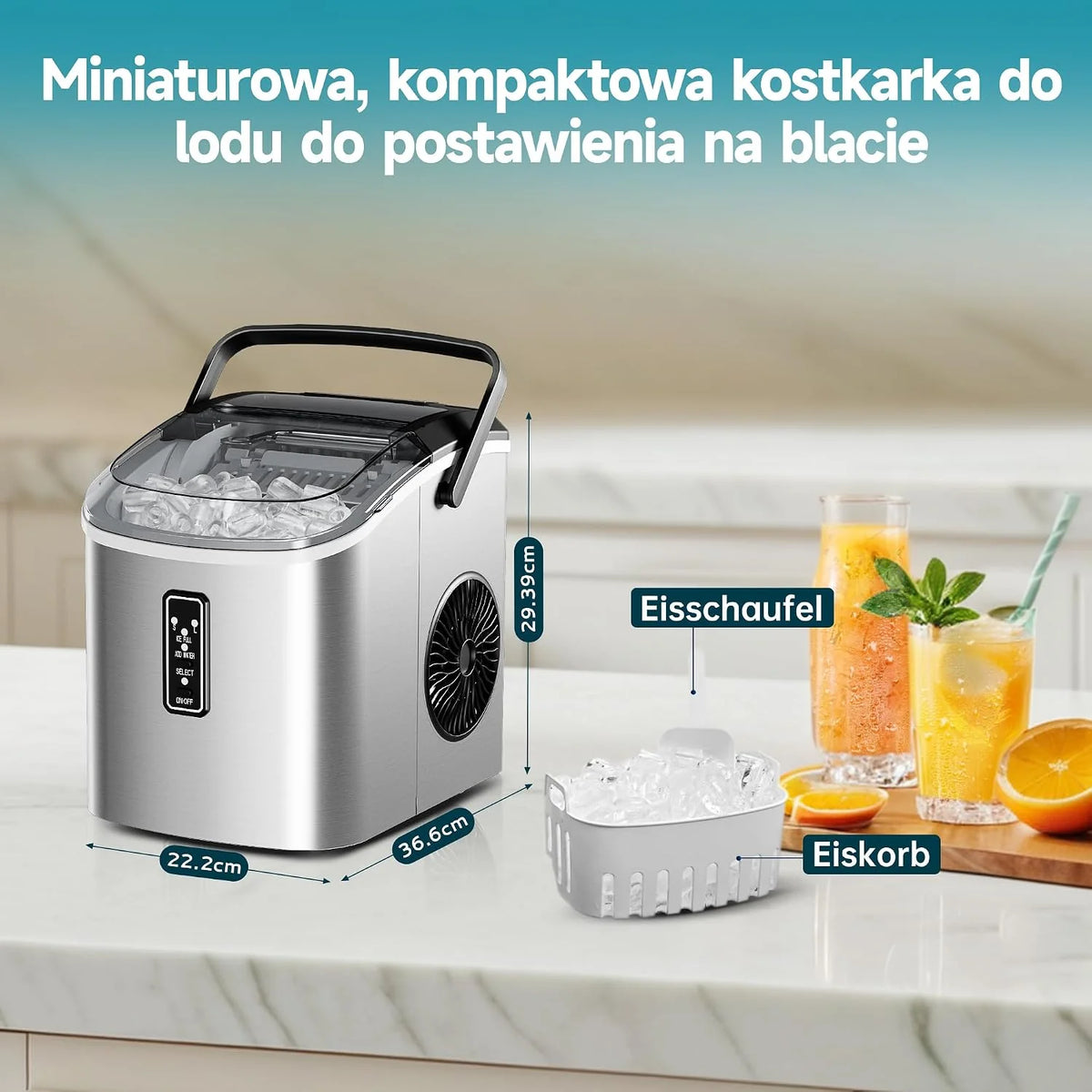 EUHOMY Mała kostkarka do lodu EUHOMY, 9 kostek w 6 minut, 12 kg/dzień, samoczyszcząca, przenośna kostkarka do lodu z uchwytem, koszykiem i łyżką, 2 rozmiary kostek lodu do domu, kuchni i biura
