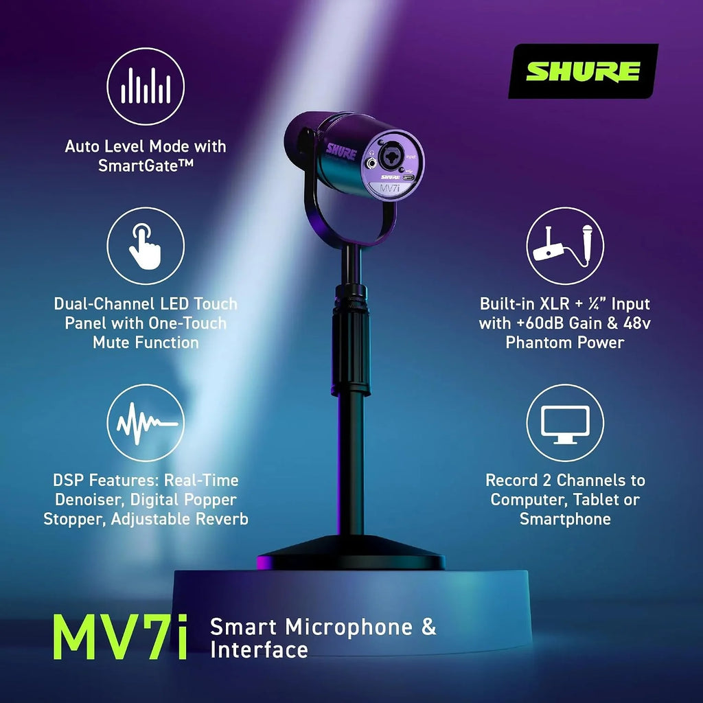 Shure Mikrofon MV7i Smart Podcast + Wbudowany Interfejs Audio – Zestaw Sprzętu z 2 Kanałami dla Podwójnych Mikrofonów XLR lub Mikrofon + Instrumenty XLR - Bezpośrednie Połączenie USB-C z PC/Telefonem