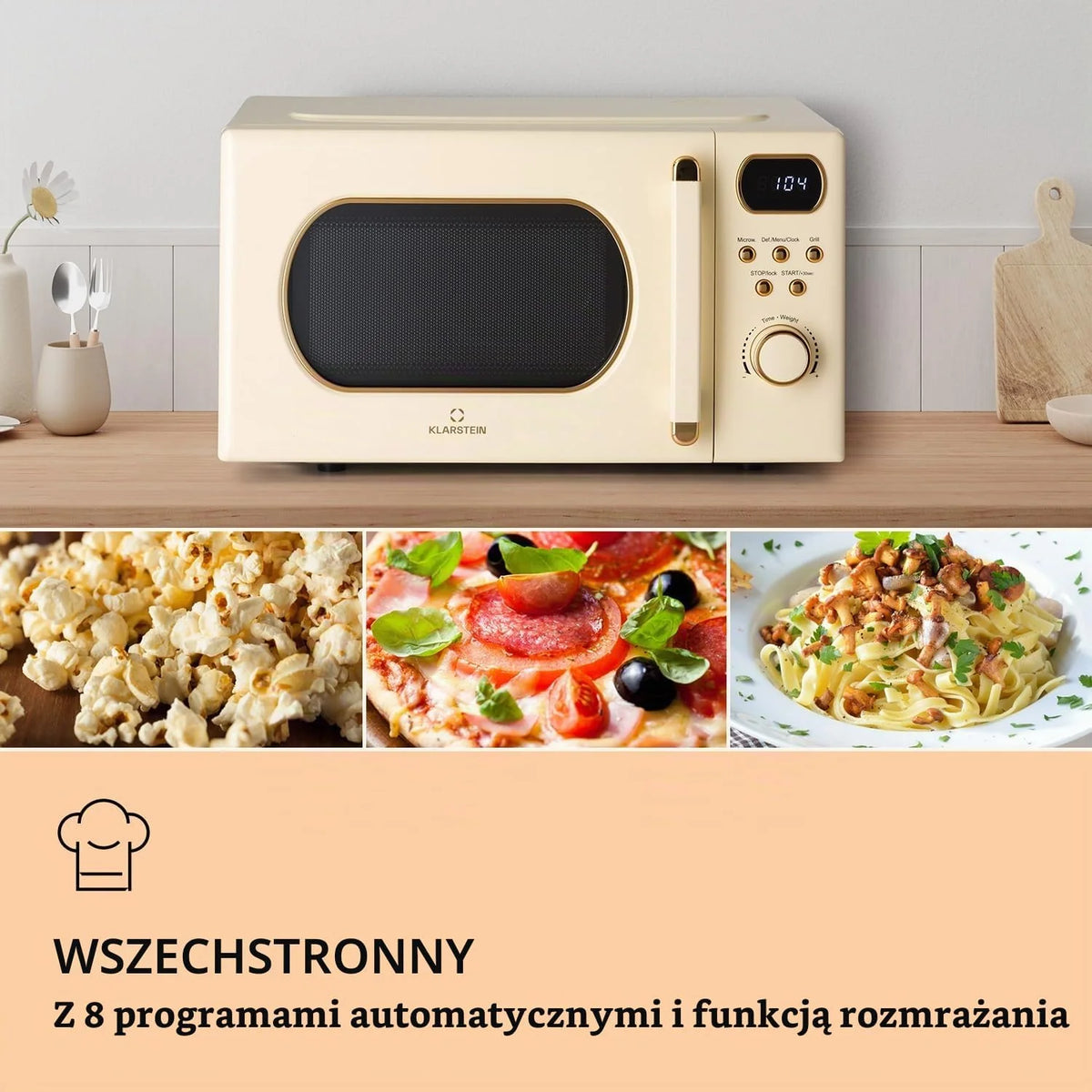 Klarstein Kuchenka mikrofalowa z grillem, Mikrofalówka 3w1 ze stali nierdzewnej, Kremowa, Mała 20-litrowa mikrofalówka z funkcją rozmrażania i pizzy, Talerz obrotowy, Łatwa obsługa