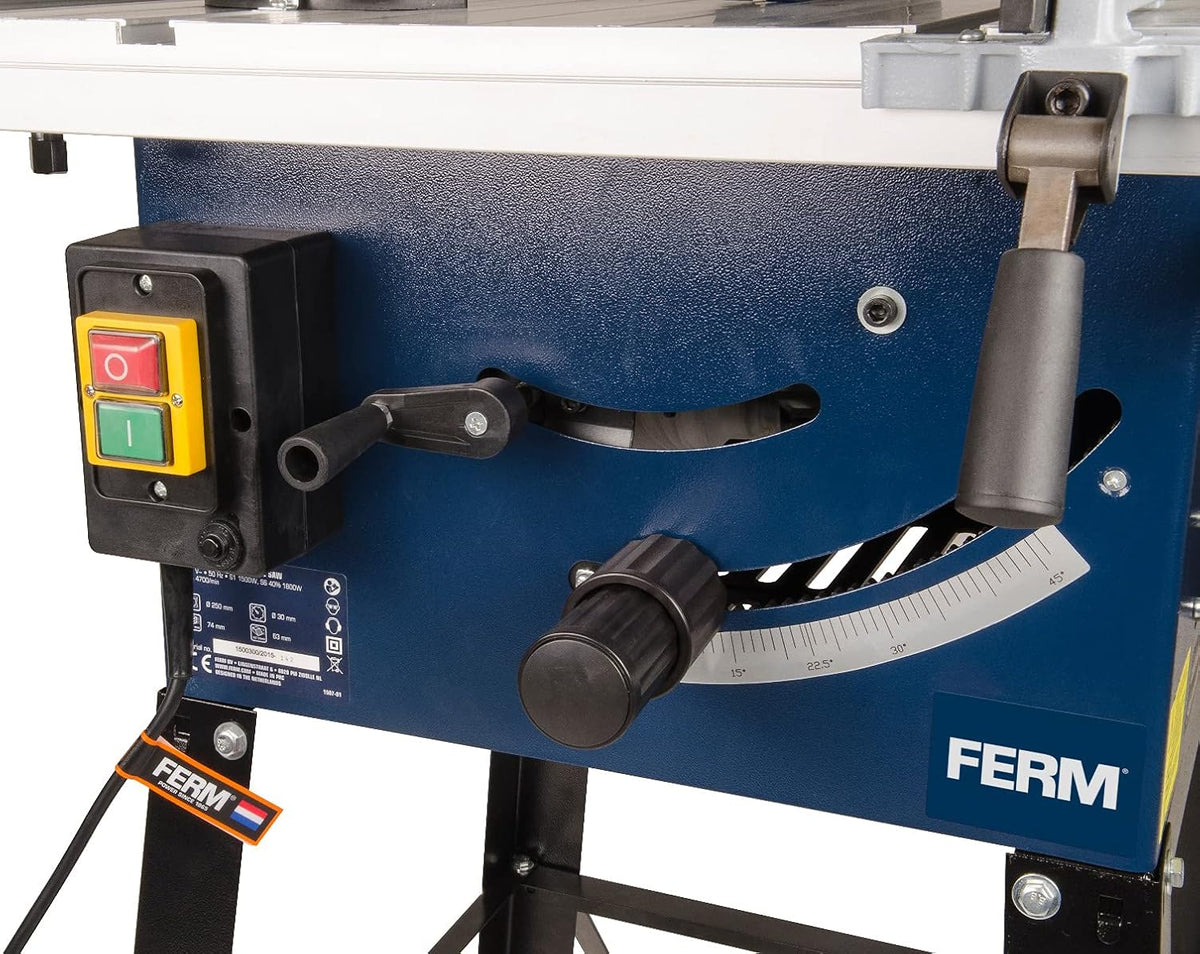 FERM Stołowa pilarka tarczowa 250 mm - 1800 W - wysuwany aluminiowy stół roboczy - adapter próżniowy - ogranicznik kątowy i prowadnica równoległa - w zestawie brzeszczot T40 (TCT)