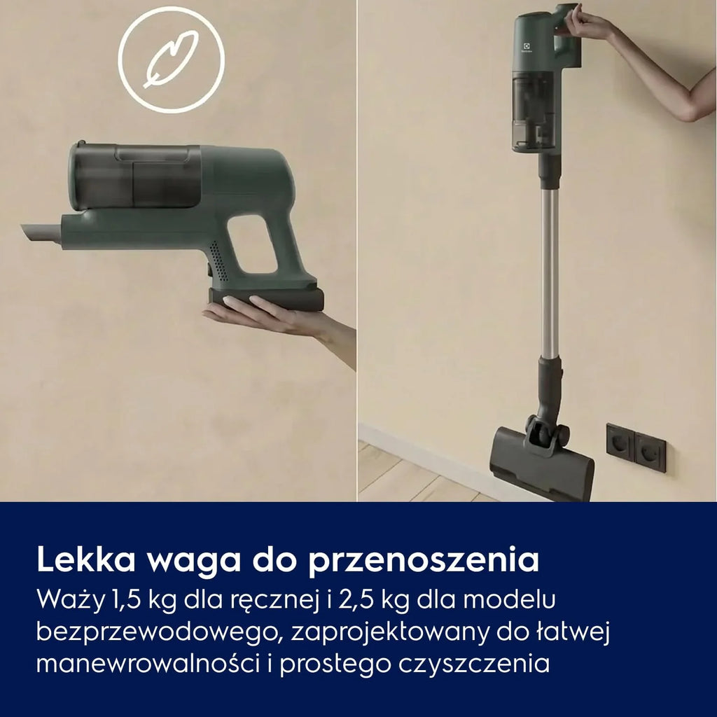 Electrolux Odkurzacz Bezprzewodowy Clean 600 EP61CB21OG, mocne ssanie, 103 000 RPM, czas pracy 40 minut, nasadka wielopowierzchniowa PowerPro, diody DustSpotter LED w nasadce, oceanicznej zieleni