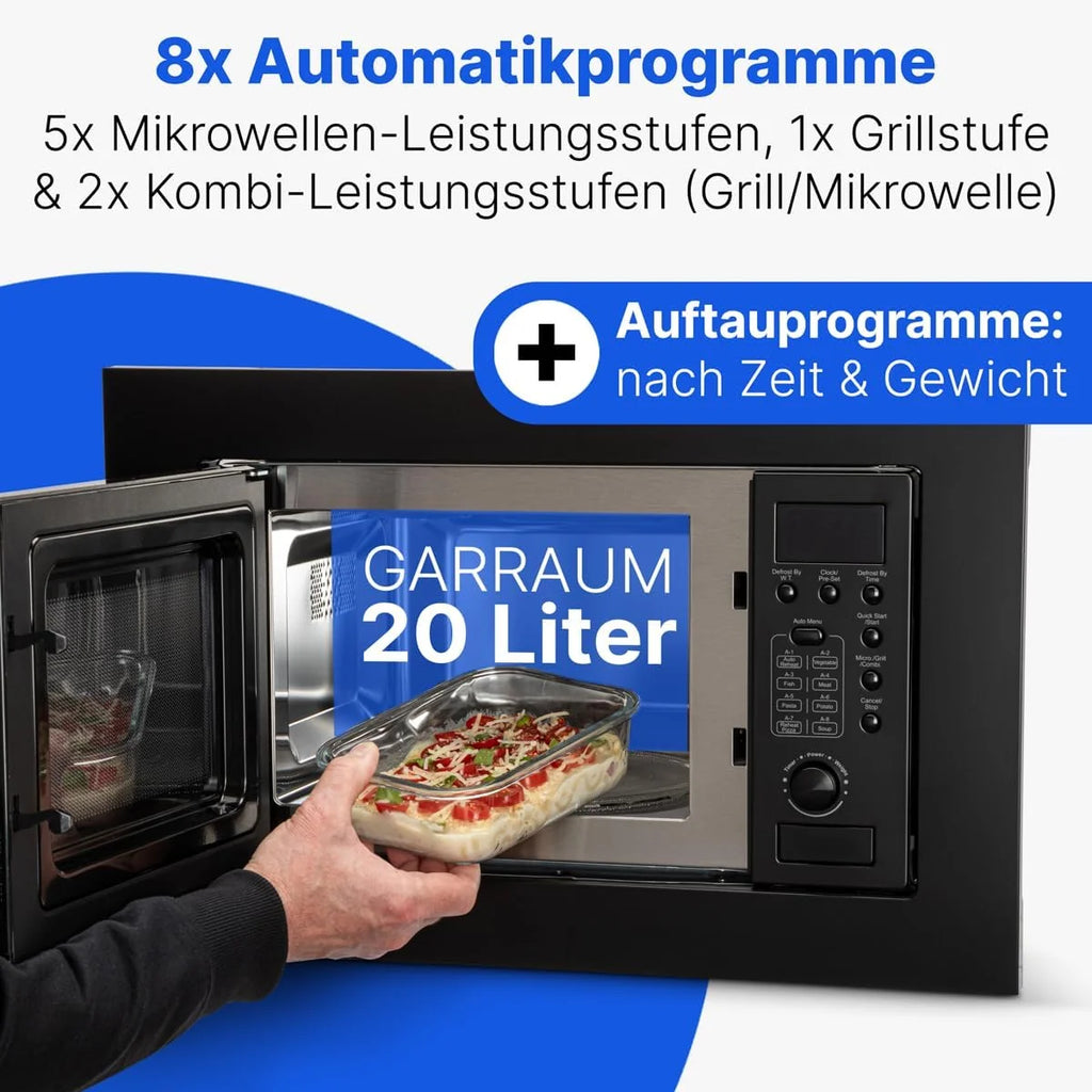 Kuchenka mikrofalowa do zabudowy Bomann z grillem, 60 cm, Kuchenka mikrofalowa 800 W, Grill 1000 W, z rusztem do grilla i talerzem obrotowym, Kuchenka mikrofalowa do zabudowy 20 l, MWG 2215 EB, czarna