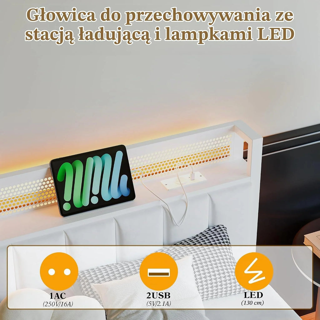 Rama łóżka ze stacją ładującą, LED, łóżko podwójne/pojedyncze, metalowe łóżko dla gości, tapicerowane, 120 x 200 cm, metalowa rama łóżka dla nastolatków ze stelażem na listwy, zagłówek łóżka