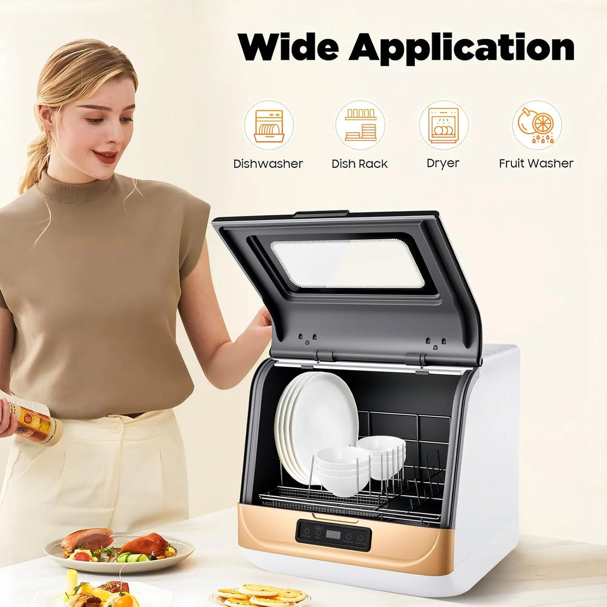 Wielofunkcyjna zmywarka stołowa 800 W z 3 trybami prania, kolor złoty