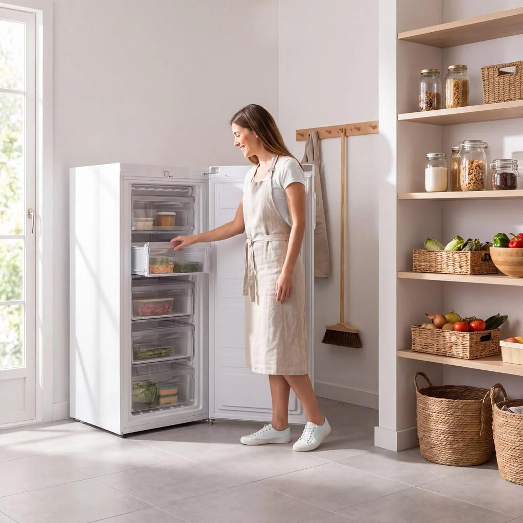 Edesa EZS-1412 WH zamrażarka statyczna wysokość 1,42 m zimna jednorodna regulacja mechaniczna temperatura 5 szuflad duża pojemność 160 l klamka dwustronna biała