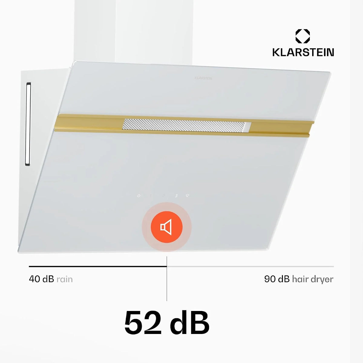 Klarstein Alina Okap kuchenny przyścienny – 60 cm, przepływ 600 m³/h, sterowanie dotykowe, klasa energetyczna A, podświetlenie LED w 9 kolorach, cichy 52 dB, biało-złoty, opcja recyrkulacji
