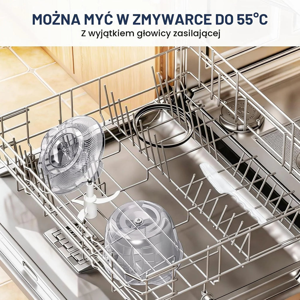 LINKChef Elektryczny Rozdrabniacz 1,5L Szklana Miska, 2 Prędkości, 3-poziomowe Ostrza ze Stali Nierdzewnej – Mini Robot Kuchenny do Mięsa, Warzyw, Orzechów i Żywności dla Niemowląt