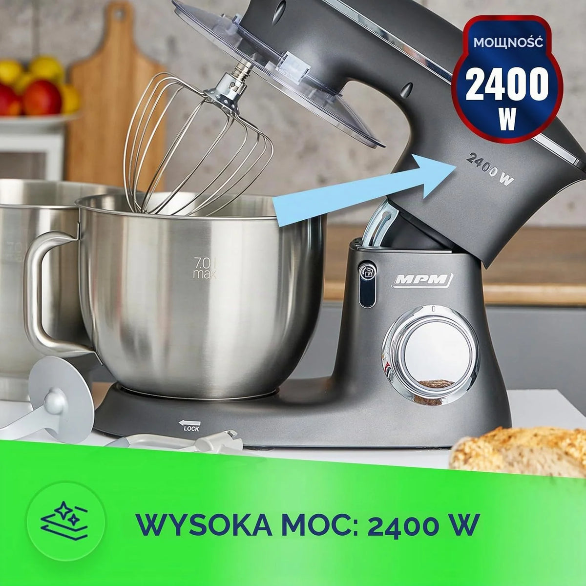 MPM Planetarny robot kuchenny MRK-23 – wielofunkcyjny mikser kuchenny 7 l – urządzenia kuchenne o wszechstronnym zastosowaniu, 2400 W, dwie miski, trzy wymienne trzepaczki