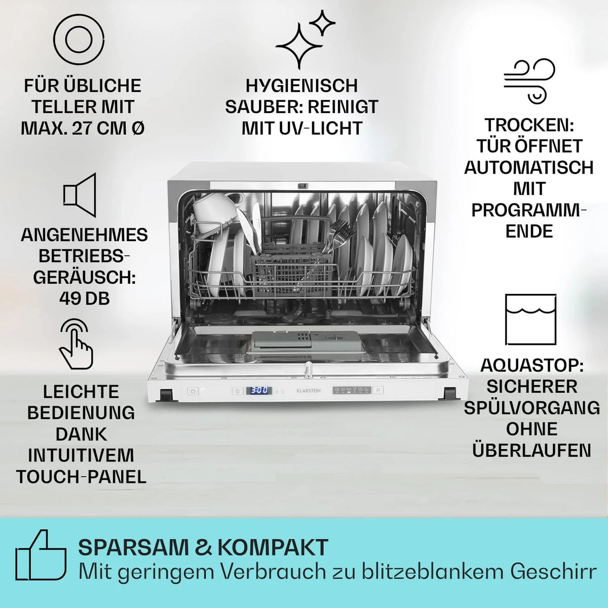 Klarstein Mini zmywarka na 6 kompletów, Cicha zmywarka do zabudowy Mała z 6 programami, Mała zmywarka stołowa do domu, biura i na kemping, Mini zmywarka z podłączeniem do wody