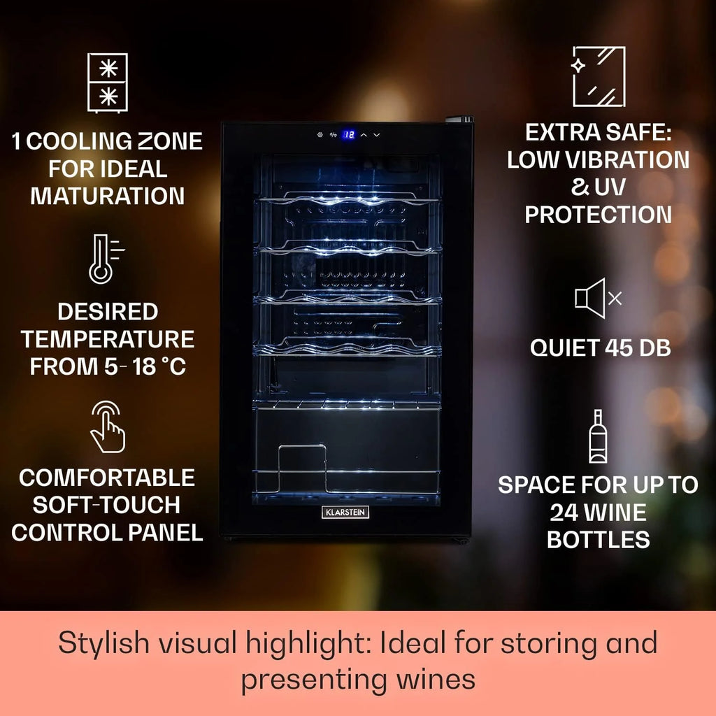 Klarstein Shiraz, chłodziarka do wina - mini lodówka, lodówka do wina, winiarka, kompaktowa chłodziarka na wino, przejrzysty dotykowy panel, led oświetlenie wnętrza, kolor czarny, wariant: 67l, 20 butelek